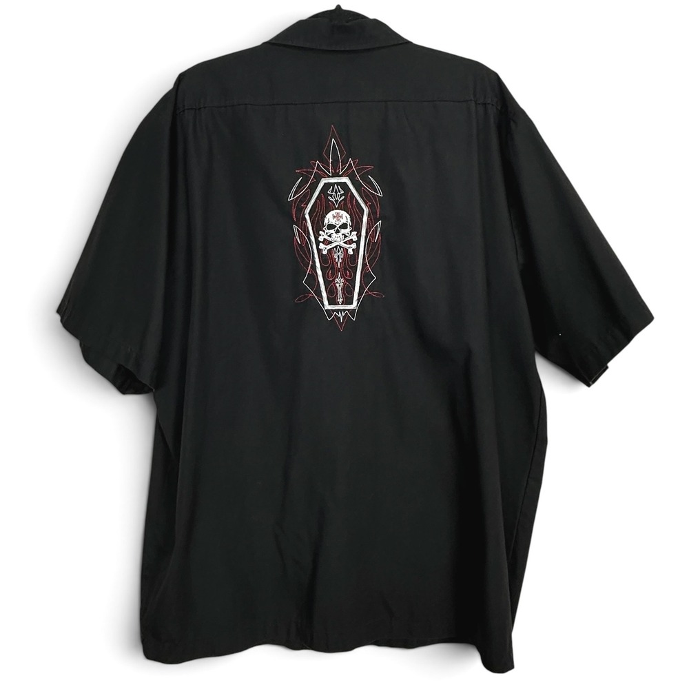 Johnny Suede Mens XL Black Coffin Skull Embroidered Button Down Shirt Rockabilly